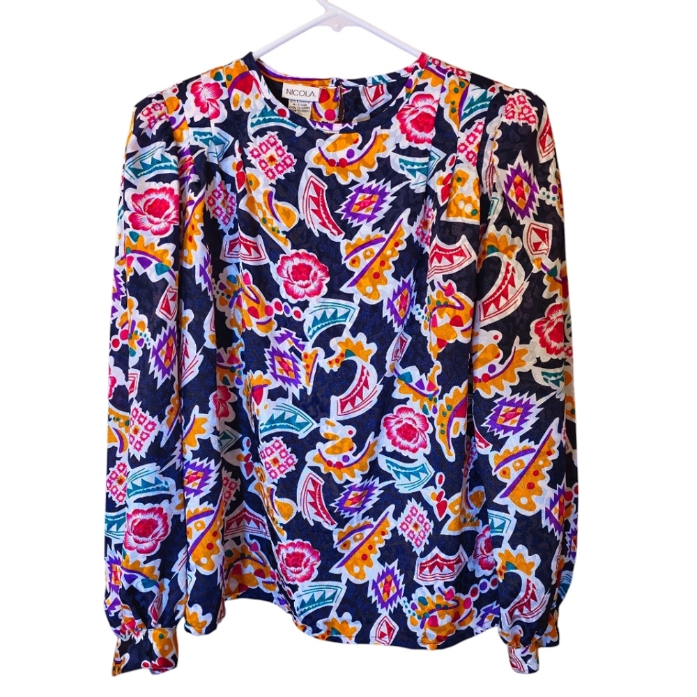 Nicola Poet Sleeves Colorful Floral Shiny Blouse